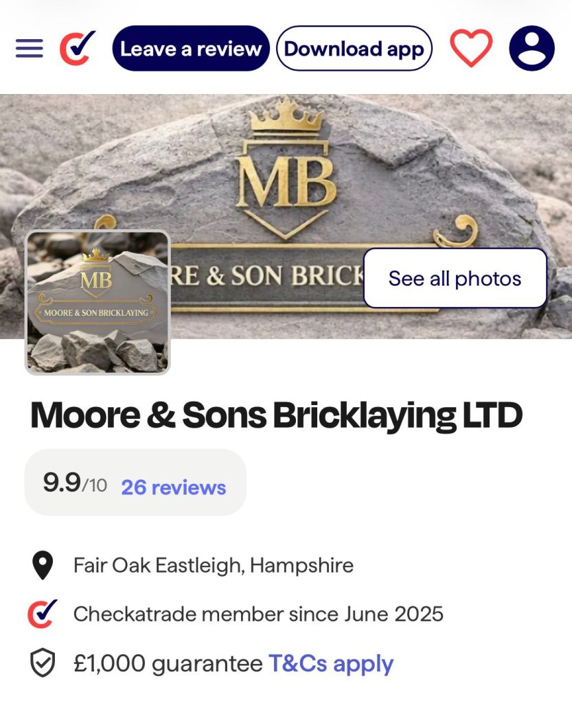Checkatrade review for Moore & Son Bricklaying Ltd in Eastleigh Hampshire highlighting customer satisfaction and quality workmanship