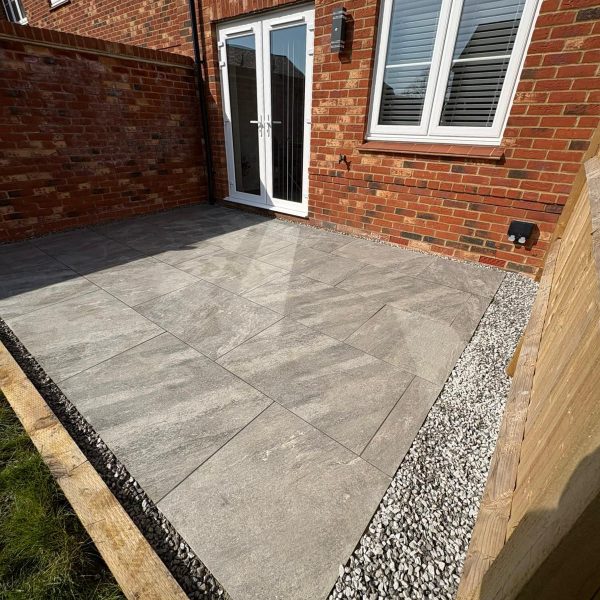 Porcelain patio installation by Moore & Son Bricklaying Ltd showing modern paving with clean lines and professional finish in Hampshire